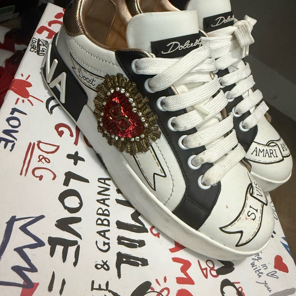 Dolce & Gabbana White and Black Sneakers with Red Heart Detail